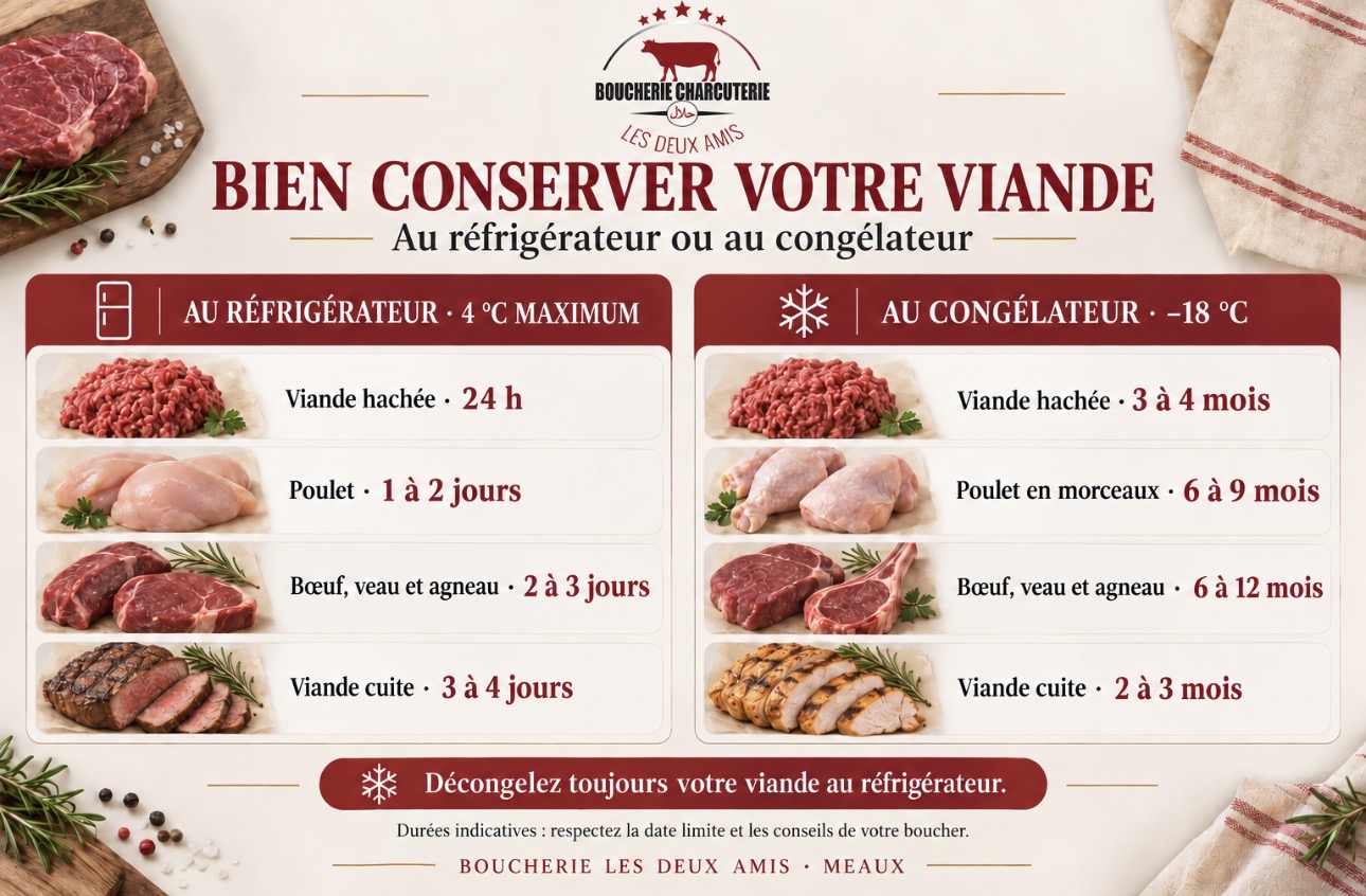 Infographie conservation de la viande fraîche au réfrigérateur et au congélateur - Boucherie Les Deux Amis Meaux