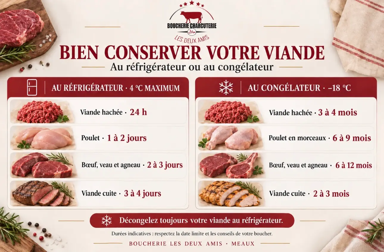 Infographie conservation de la viande fraîche au réfrigérateur et au congélateur - Boucherie Les Deux Amis Meaux